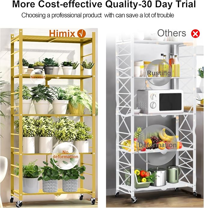 Himix 5-Tier Foldable Storage Shelves with 20 Hooks Wheels Bookshelf Gold | Folding shelving units, Metal collapsible organization, Wire shelf, No assembly, Garage, Home room, Greenhouse, Holds 440 Ibs - Image 6