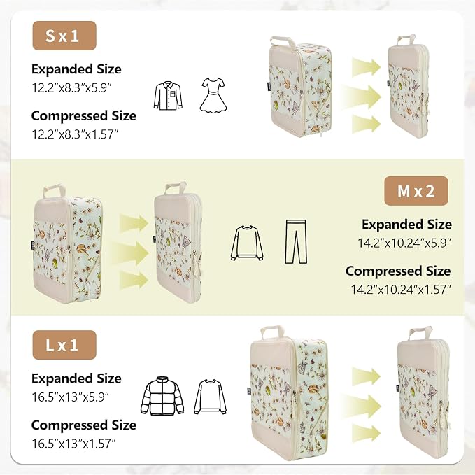 Compression Packing Cubes for Travel Essential, 4 Set Compression Bags for Travel Packing Organizer, Expandable Compression Cubes for Travel, Standard, Herbal - Image 2