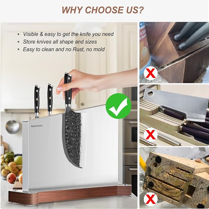 Magnetic Knife Block Without Knives Large Double Side Magnetic Knife Holder Stand with Strong Magnet, Stainless Steel Knife Storage Organizer for Kitchen Counter Knife Rack Three Magnet Strip - Image 6
