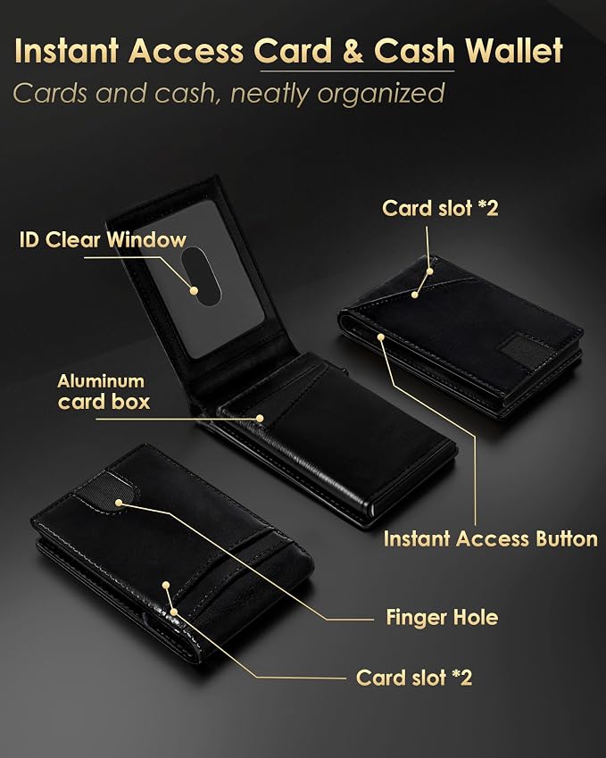 QLD Wallet for Men - RFID Blocking [Functional & Practical] Bifold Slim Minimalist Credit Card Holder Pop Up Metal Case with Cash Slot, Front Pocket with ID Window, Gift Boxed (BLACK) - Image 5