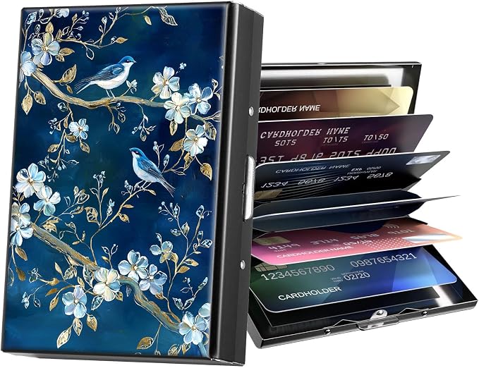 Metal Wallet,Credit Card Holder for Women Men,RFID Blocking Card Holder Wallet Mini Slim Aluminum Wallet ID Case Hard Card Case Business Card Holder Case,Blue Bird Flower by ACWDMKH