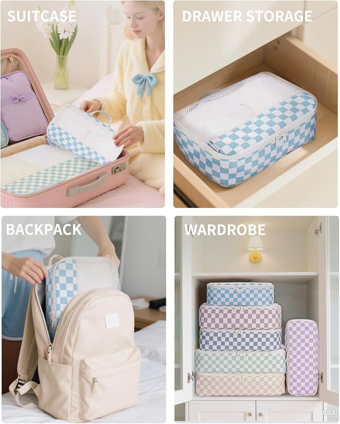 Narwey 7 Set Checkered Packing Cubes for Travel Kids Women, Durable Packing Organizer Bags for Carry on Suitcase Luggage Travel Essentials Accessories (Combined Checkerboard) - Image 5