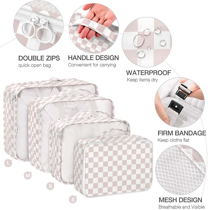 8 Set Packing Cubes for Suitcases, Packing Cubes with Shoe, Cosmetics, Clothing, Accessories Bags for Travel Luggage Organizer Women Men(Light Pink Checkered) - Image 3