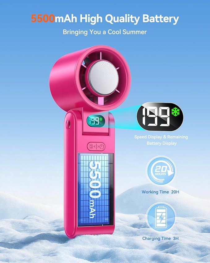 Portable Handheld Fan with Ice Cooler, 199 Speed Personal Fan,5500mAh Rechargeable,20H Cooling Time,20000 RPM Powerful Motor, Summer Essential for Travel/Outdoor/Office, Hot Pink - Image 5