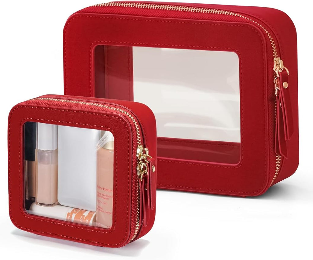 Clear Makeup Bag with Zipper, Set of 2, Mini and Medium, Red | Clear Travel Bags for Toiletries, Structured Cosmetic Case for Women, Waterproof PU Leather, Wide Open Portable Car Organier by POPVIBE