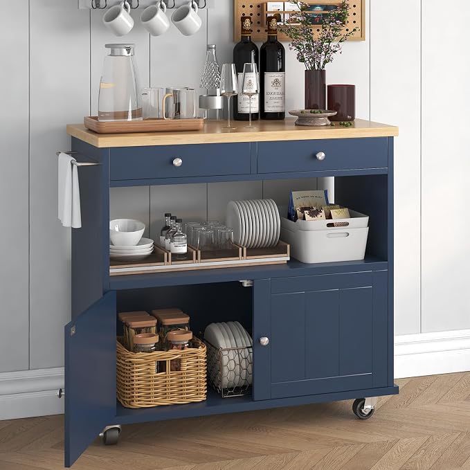 knoworld Rolling Kitchen Island with Storage Cabinet, 35.4'' Width Kitchen Cart, 2 Drawers Island Table, Portable Mobile Kitchen Island with Towel Rack, Wood Top and Lockable Wheels, Blue - Image 2