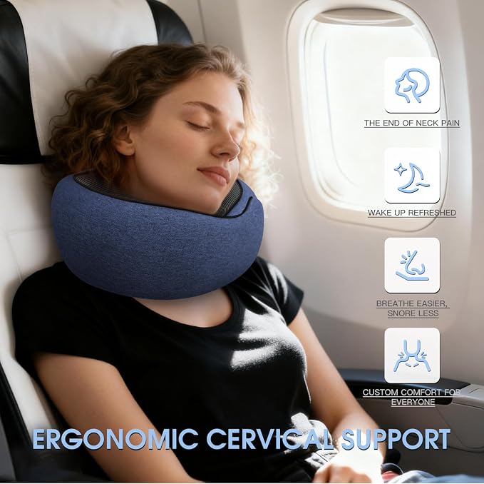 Neck Travel Pillows for Airplanes Memory Foam Neck Comfort Pillow Compact Ergonomic Design Sleeping Essentials for Long Flights Car Rides and Home Use (Blue) - Image 3