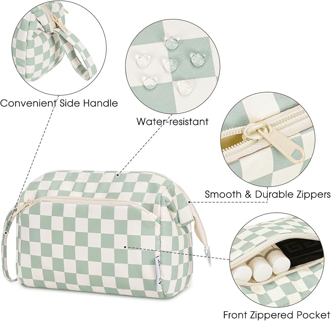Narwey Makeup Bag Women Girls, Travel Toiletry Bag for Women Cosmetic Bag Organizer Make up Bag with Compartments Toiletries Medicine Bag (Mint Green Checkerboard) - Image 5