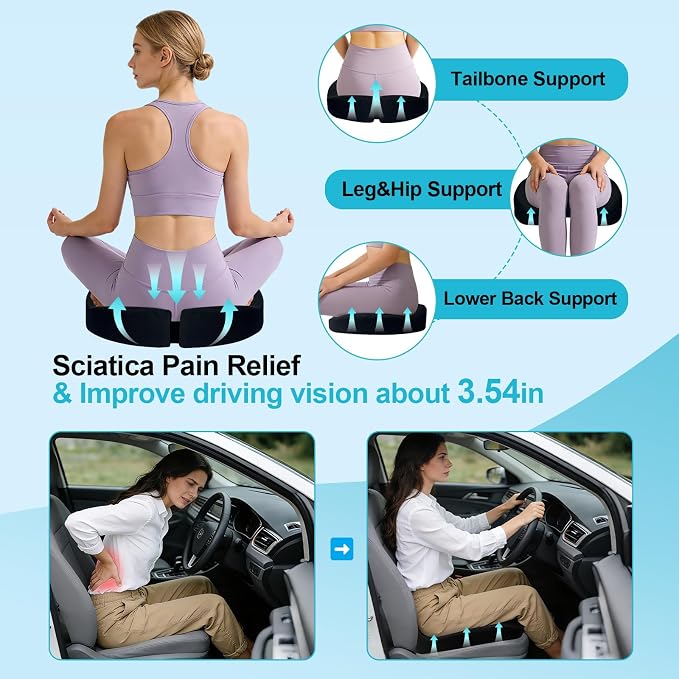 Car Seat Cushion - Premium Gel & Memory Foam Office Chair Cushions for Back,Sciatica,Coccyx,Tailbone Pain Relief, Driver Pillow for Auto, Gaming,Desk, Wheelchair,Truck (Black) - Image 3