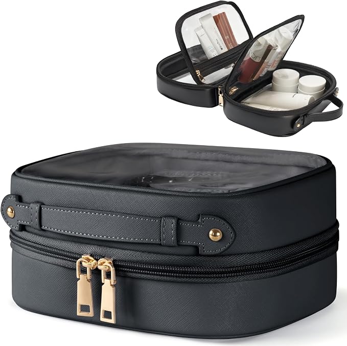Clear Cosmetic Bag Double Layer Travel Toiletry Bag Clear Makeup Bag Case with 4 Compartments, Transparent Travel Bag for Toiletries, Large Toiletry Bag for Women Cosmetic Case (Black, Small) by Oaque