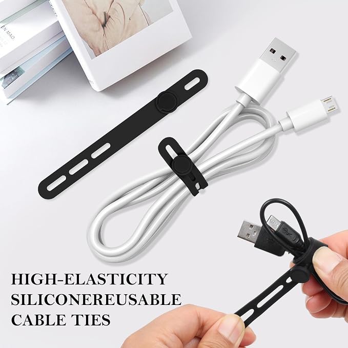 Donruby 30Pcs Silicone Cable Ties - Reusable & Washable with Adjustable Locking Buckles, High Elasticity Cable Management Straps for Home, Office, School, Travel Essential Cord Organizer (Black) - Image 3