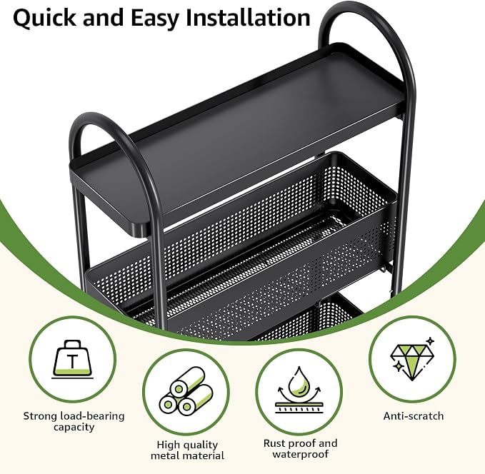 KINGRACK 4 Tier Slim Rolling Cart with Drawer, Metal Utility Storage Cart | 3 Pull-out Baskets, Lockable Wheels, Narrow Space Trolley Organizer for Bathroom, Kitchen, Office, Dorm, Laundry Room, Black - Image 7