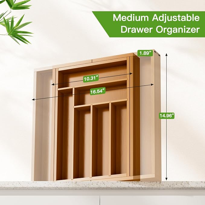 Pipishell Bamboo Expandable Drawer Organizer for Utensils Holder, Adjustable Silverware Organizer Cutlery Tray, Drawer Dividers for Utensils, Flatware, Knives in Kitchen, Bedroom, Living Room(M-Brown) - Image 2