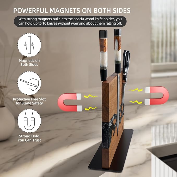 Magnetic Knife Block, Double-Sided Knife Holder with Strong Magnets, Acacia Wood and Black White Resin, Countertop Kitchen Knife Storage Stand (12 × 10 Inches, Without Knives) - Image 3