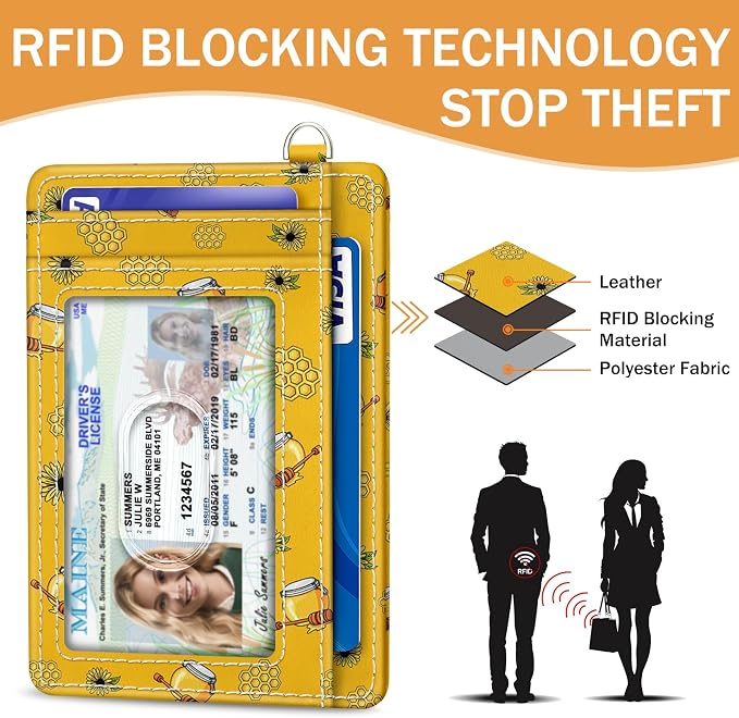 Yonlevres Bee Credit Card Holder Slim RFID Wallet Women Small Travel Cute | Front Pocket, Handy, RFID Blocking, Woman Girls Ladies Gifts, D-ring for Keychain,Thin Mini Card Case, ID Window, PU Leather - Image 5