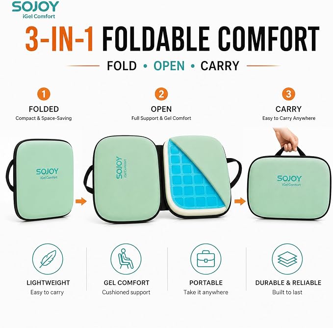 3-in-1 Foldable Gel Seat Cushion with Memory Foam Ergonomic Portable Cushion for Back Pain & Tailbone Relief - Perfect for Office Chair, Airplane Travel & Stadium Seats (18.5" x 15" x 2" Green) - Image 2