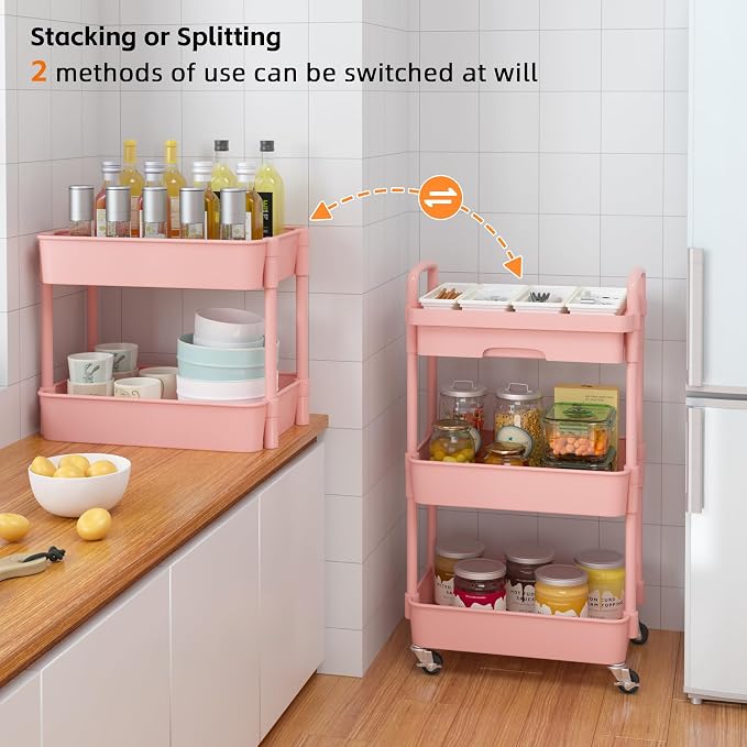 Calmootey 3-Tier Utility Cart with Drawer & Wheels, Storage for Home,Office | Space-Saving Organizer, Sturdy Plastic Shelves, Smooth-Rolling Metal Wheels, Built-in Drawer for Small Items, Pink - Image 7