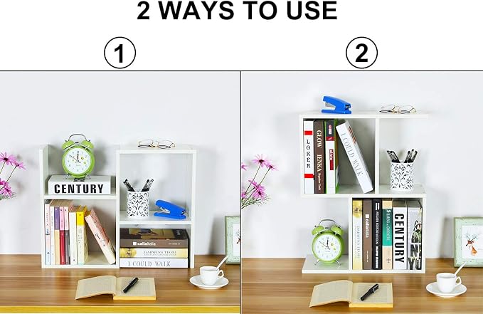 Desktop Shelf Freestanding Wooden Small Bookshelf Desk Supplies Organizers and Accessories Storage Display Rack Office Dorm Decor for Women, White - Image 5