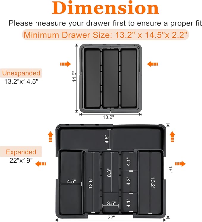 Large Utensil Drawer Organizer Expandable Silverware Organizer for Kitchen Drawer Adjustable Cooking Utensil Holder Cutlery Flatware Tray Spatula Tools Gadgets Storage Dividers Plastic Black - Image 2