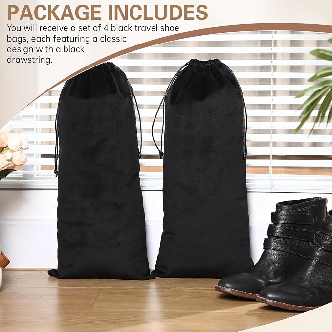 4 Pcs Flannel Cloth Shoe Bags for Travel, 8 x 17 Inches Dust Pouch with Drawstring Closure, Washable Breathable Cotton Fabric for Luggage (Black) - Image 5