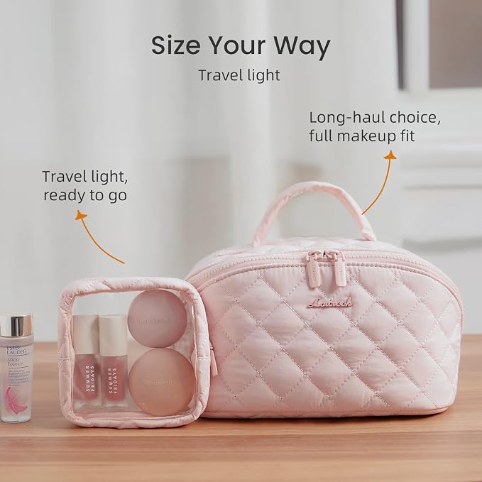 LOVEVOOK Travel Makeup Bag for Women, 2Pcs Puffer Waterproof Cosmetic Organizer, Large Capacity Pouch Open Flat Small Toiletry Bag with Brush Compartment & Handle (Red Bean Paste, Medium) - Image 6