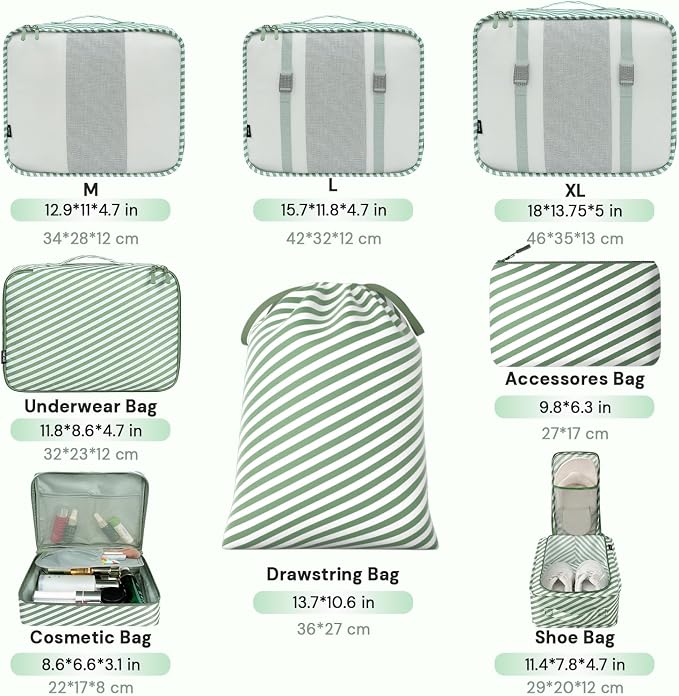 BAGAIL 8 Set Packing Cubes Luggage Packing Organizers for Travel Accessories-White and Matcha Stripe - Image 2