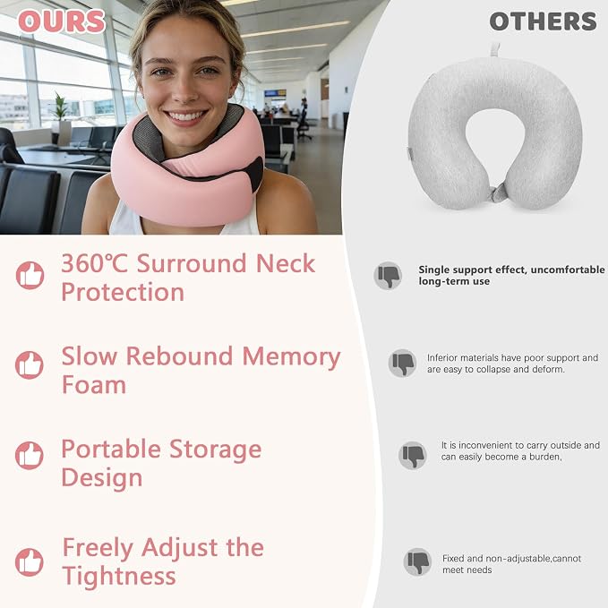 Memory Foam Neck Pillow,2026 World Cup Travel Pillow,Neck Pillow Airplane with Eye Mask & Ear Plugs,Memory Foam 360 Degree Support Stowable Pillows for Airplanes Offices and Cars (Pink) - Image 5