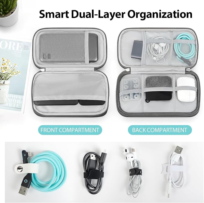 Double Layer Electronics Organizer, Tech Pouch, Dark Gray | Water-resistant Oxford fabric with padded lining. 8 compartments keep 3ft+ cords tangle-free. Includes 8 cable ties. - Image 3