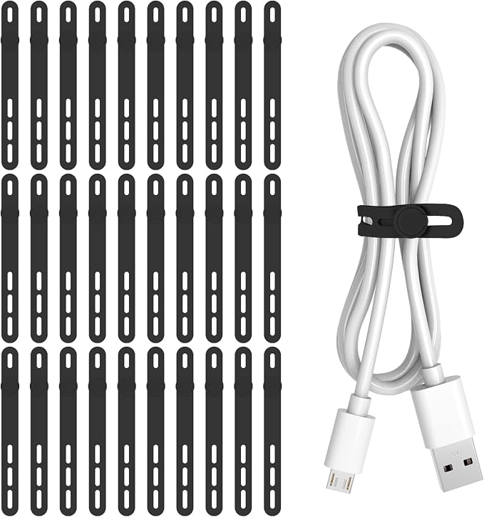 Donruby 30Pcs Silicone Cable Ties - Reusable & Washable with Adjustable Locking Buckles, High Elasticity Cable Management Straps for Home, Office, School, Travel Essential Cord Organizer (Black) by Donruby