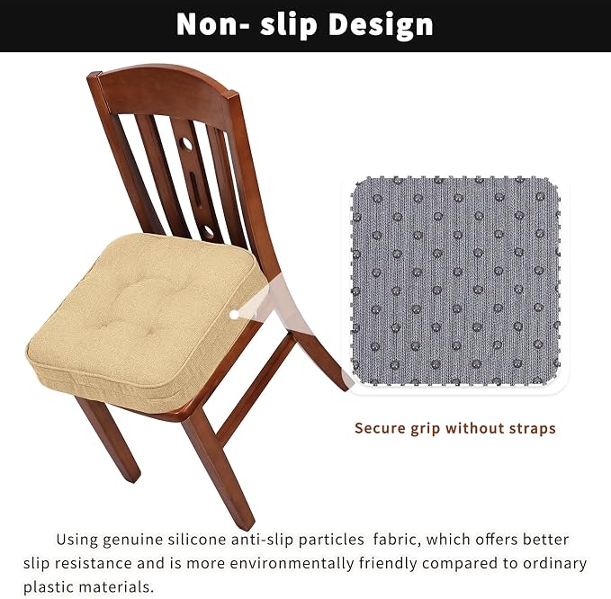 GOFORIT Memory Foam Cushion，Square Seat Cushions for Dining Chairs,Non-Slip Chair Pads with Removable Cover, 16'' x 16'', 2 Pack,Khaki - Image 4