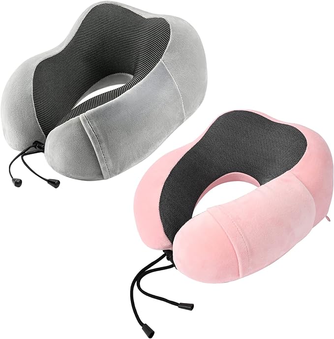 urnexttour Neck Pillow Airplane Travel Pillow 2 Pack Grey and Pink | Memory Foam Soft Support Travel Neck Pillow for Travelling, Sleeping Rest, Car, Train and Home Use by Urnexttour