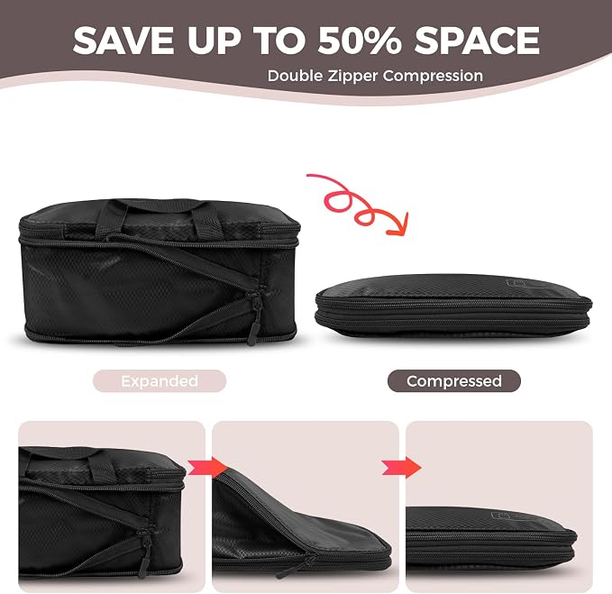 Compression Packing Cubes for Travel, 8-Piece Luggage Organizers Space-Save | Ultralight Sleek Luggage Organizer Set for Business Trips & Frequent Travelers, Space Saving for Carry-On & Suitcase - Black - Image 3