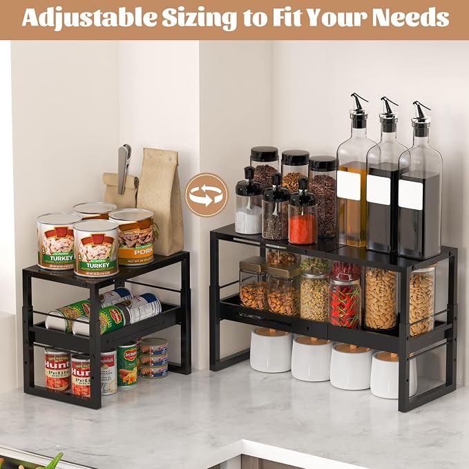 Adjustable Kitchen Countertop Organizer, 2-Tier Expandable Cabinet Counter Shelves, Heavy Duty Steel Pantry Organizers and Storage Shelf Rack Stand Riser, Adjustable Length & Height, Black - Image 7