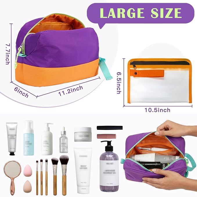 Waterproof Makeup Bag For Women Girls Men,Two-Tone Colorblock Travel Toiletry Bag With Wet Pocket & Removable Transparent Bag, 8L Large Capacity Lightweight Vacation Essentials (Purple+Orange) - Image 2
