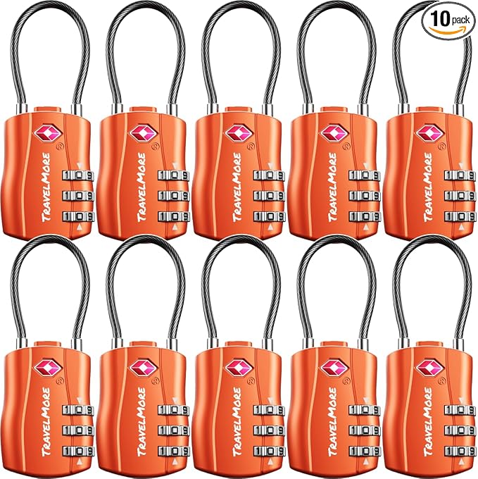 TSA Approved Luggage Locks, Travel Combination Cable Locks | TSA Accepted, Easy to Use, Durable, Flexible Steel Cable, Zinc Alloy Body, for Suitcases, Backpacks, Zippers, 10-Pack, Orange by TravelMore