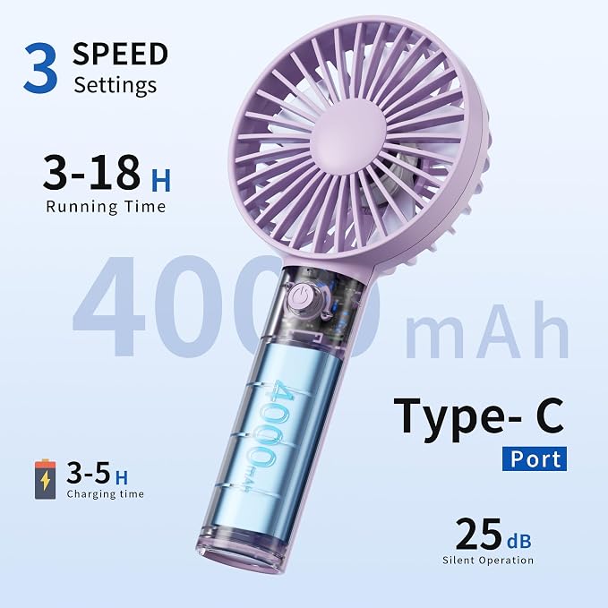 Jancane Handheld Fan, USB Rechargeable Mini Portable Fan with Base, 10H Battery, Strong Wind, Small & Powerful, Cute Design for Travel, Makeup, Girls Women Summer Gift (Purple) - Image 3