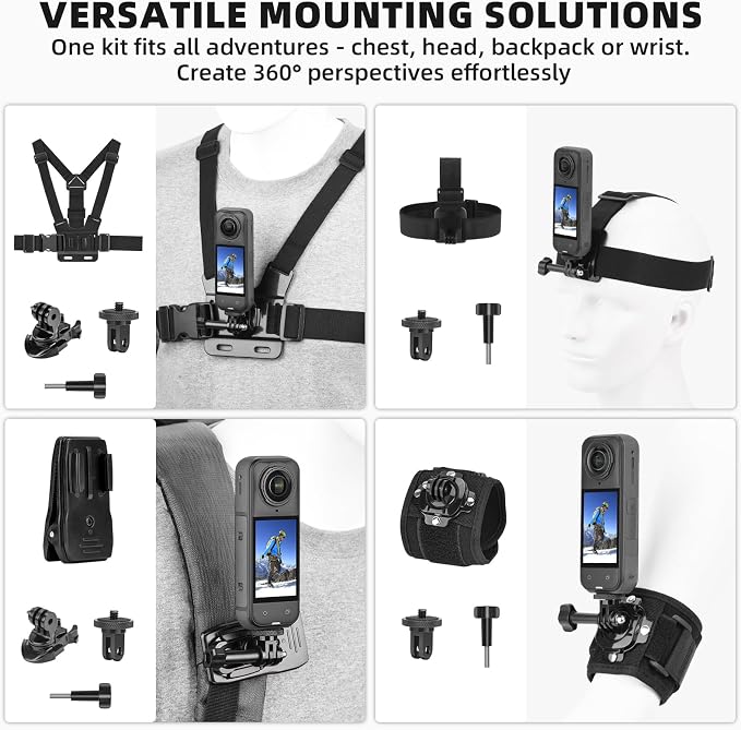 BRDRC Accessories Kit for Insta 360 X5 X6 X4 Air, Chest Mount Head Strap Harness Backpack Clip Holder Wrist Strap, 360°Rotating Adapter + Quick Release for Insta360 One X3 X Camera Accessory Bundle - Image 2
