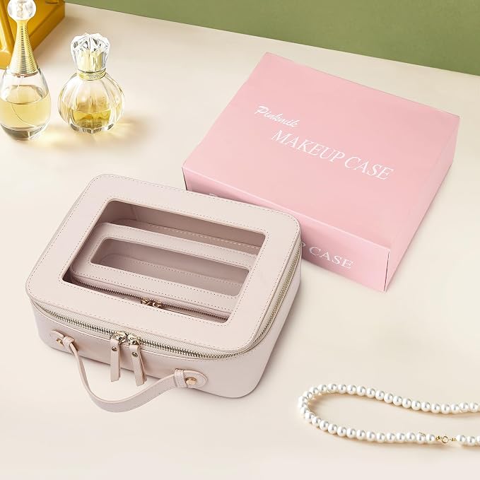Pinkmik Clear Makeup Bag with Brush Bag, (Beige, L+SLIM) | 2pcs, Waterproof, Travel Case for Cosmetics and Toiletries, Women's Cosmetic Organizer, with Zipper - Image 7
