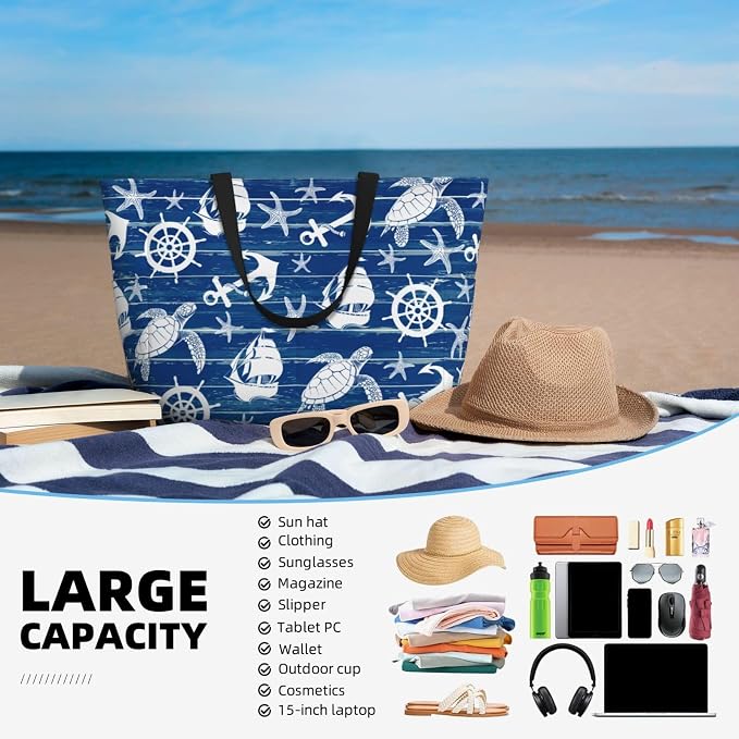 Beach Bag Tote Bags Waterproof Sandproof for Women Large Beach Tote Pool Bag Foldable with Zipper for Travel Weekend - Image 2