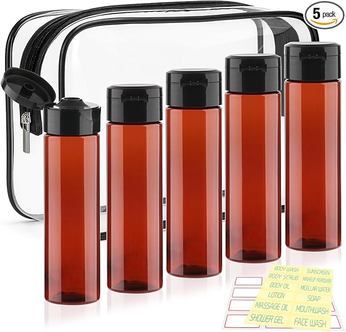 Cosywell 5 Pack Travel Bottles for Toiletries 3.4oz Shampoo Bottles | TSA Approved, Brown Travel Size Containers, Leak Proof, Wide Mouth, Squeeze Bottle for Lotion, and a Toiletry Bag by Cosywell
