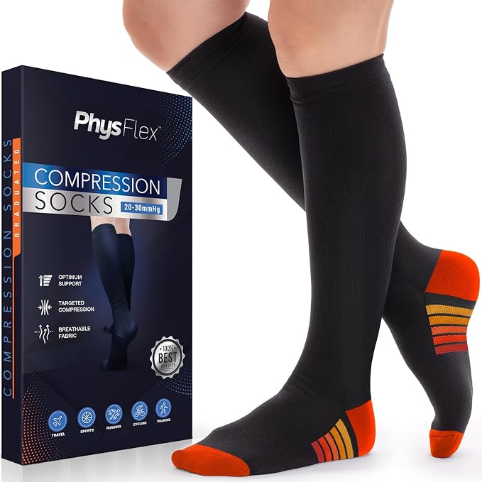 Compression Socks for Women & Men 20-30 mmHg – Circulation Support for Nurses, Travel, Flight, Running & Everyday Wear by PhysFlex