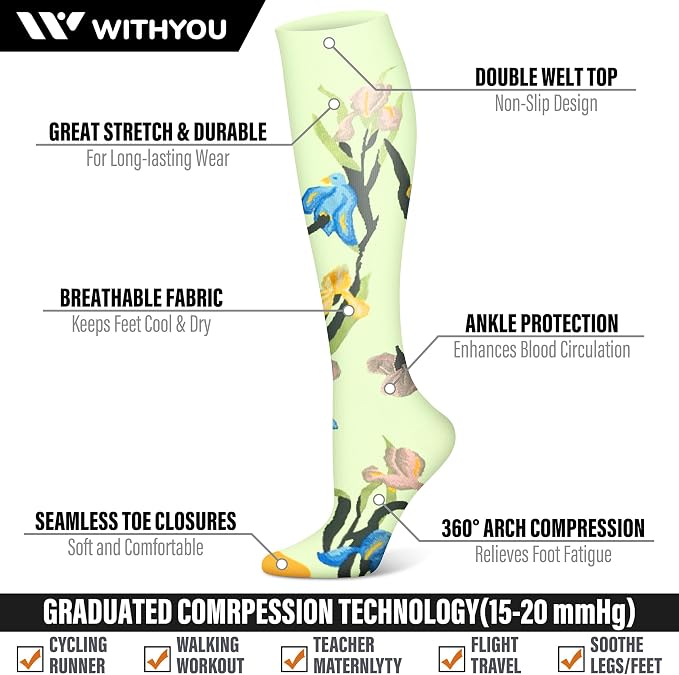 WITHYOU 3 Pairs Compression Socks for Women & Men 15-20 mmHg,Best Support for Nurses Running Hiking - Image 3