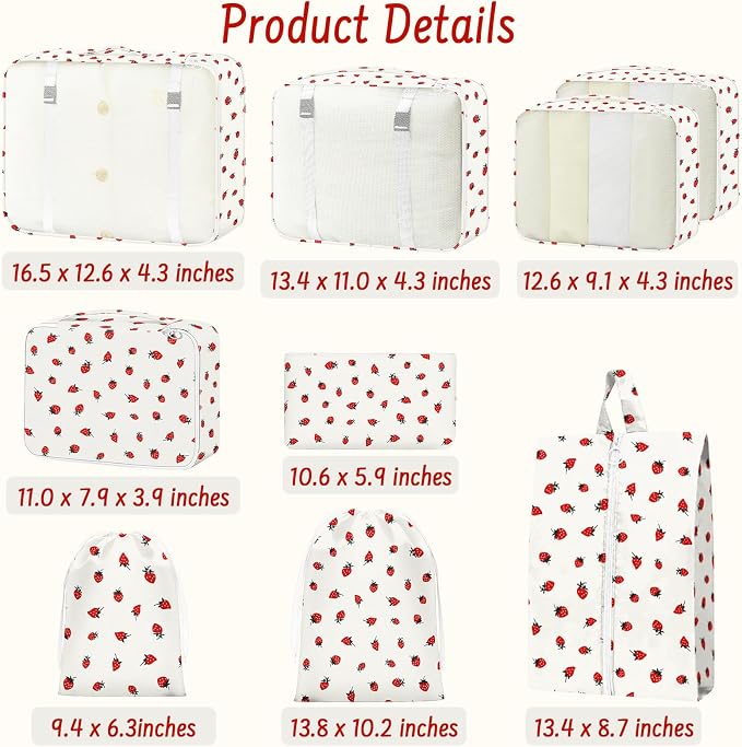 9 Set Packing Cubes for Travel Essentials - Lightweight Carry-On Luggage Organizer Bags with Shoe, Clothes & Laundry Bags for Airplane, Family & Business Travel, Beige strawberry - Image 2