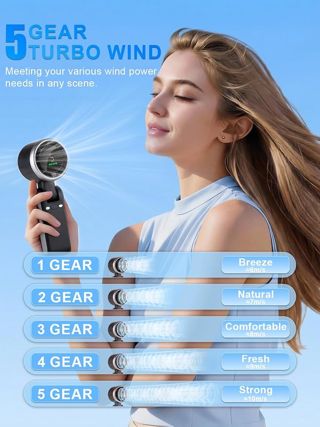 Portable Handheld Turbo Fan, 5 Gear Wind, Battery Operated, Up to 13 Working Hours Rechargeable Fan, 3 IN 1 Hand Fans with Air Turbo Tech Cooling Fan for for Travel, Beach, Outdoor - Black - Image 3