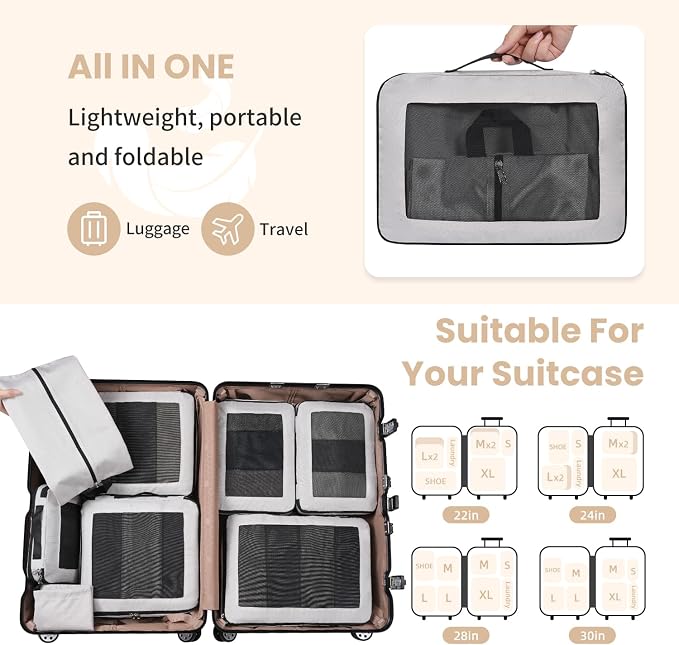 Compression Packing Cubes for Travel, Lightweight Vacation Travel Essentials, Travel Accessories for Suitcase Organizer Bags Set, Durable Luggage Organizer - Image 7