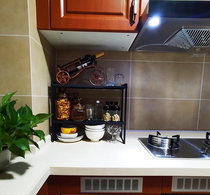 2 Tier Expandable Cabinet Shelf Organizer 14.5-25" L Kitchen Counter Shelf Rack Stand Sink Riser Countertop Storage Black (Normal 7.9”D) - Image 6