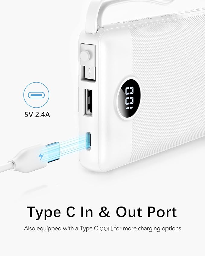 VRURC Portable Charger Built in 4 Cables, Slim Power Bank 10000mAh | Multi Devices Charging Bank with Lanyard, USB C Battery Pack for All Cell Phones, Samsung,Android-White(1 Pack) - Image 3