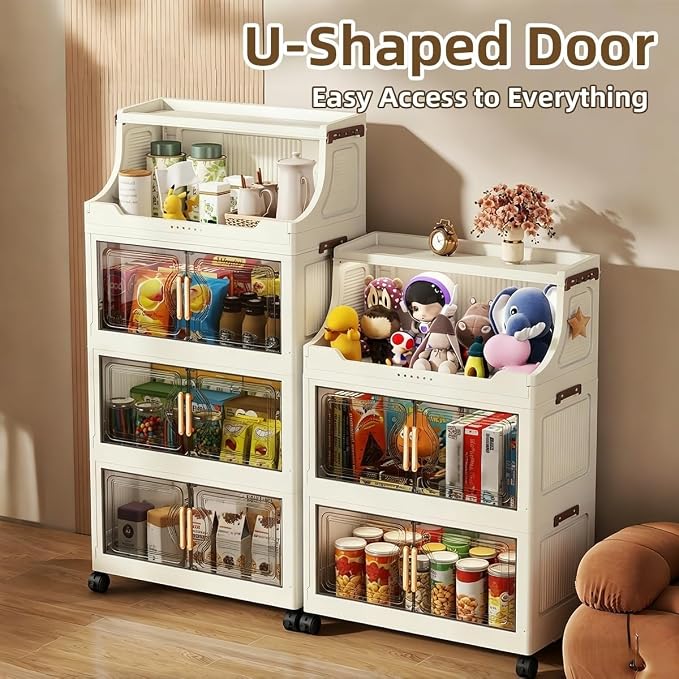 217QT Stackable Storage Bins with Lids & Rack, 5 Tier Large Capacity Foldable Storage Cabinet, Clear Collapsible Pantry Organizer for Home, Kitchen, Bathroom, Dorm, Office, Clear - Image 3