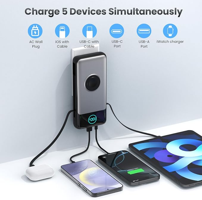 Portable Charger for iPhone with Built-in Cables and AC Wall Plug,26800mah Fast Charging USB C Power Bank,25W PD Travel Essential Battery Pack for iPhone 17/16/15/14/13,Galaxy,Apple Watch (Black) - Image 5