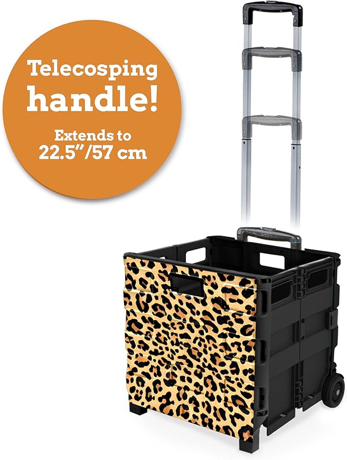 Inspired Living Ultra-Slim Rolling Collapsible Storage Pack-N-Roll Utility-carts, with Telescopic Handle, for Home, Garden, Shopping, Office, School use, Large, Leopard - Image 4